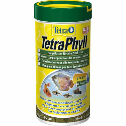 Se Tetra Fiskefoder, flager, TetraPhyll til grøntædende fisk hos Os Med Kæledyr