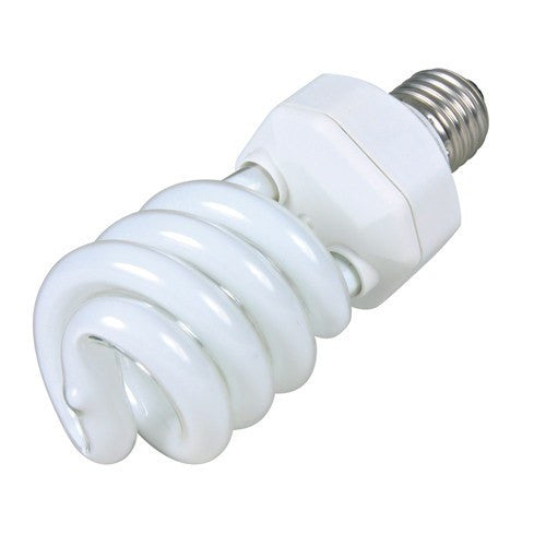 En Sunlight Pro Compact 6.0 UVB 23W spiralpære på hvid baggrund.