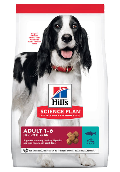 Se Hills Science Plan HILL'S SCIENCE PLAN Medium Adult hundefoder til hunde mellem 1 > 6 år med tun og ris - 12 kg hos Os Med Kæledyr