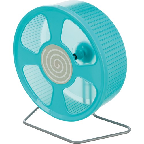 Et blåt Trixie Hamsterhjul, der snurrer på et Løbehjul af plastik.