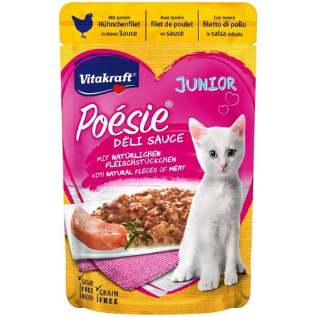 En pose Vitakraft kattefoder med en kat.
