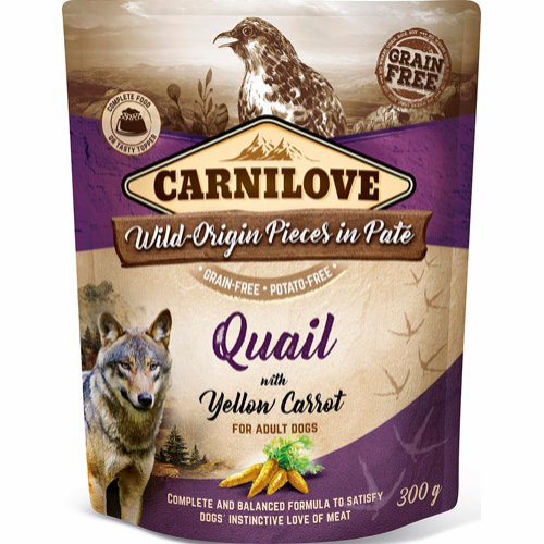 Carnilove Vådfoder POUCH, Kornfri & Glutenfri med vagtel & gule gulerødder til hunde fra Carnilove thumbnail