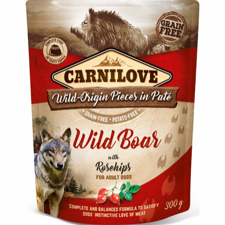 Carnilove Vådfoder POUCH kombinerer vildsvinets ernæringsmæssige godhed med de ekstra fordele ved hyben. Dette førsteklasses hundefoder fås i praktisk Carnilove Pouch-emballage for nem fodring.