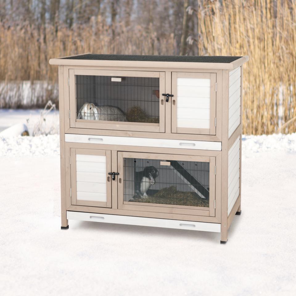 Udendørs Dobbelt isoleret kaninbur, GRÅ, til 2 kaniner åbning modsatte side - 116x113x65 cm - Leveret gratis lige til døren