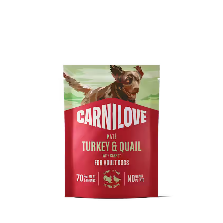 Vådfoder POUCH Paté, Kornfri & Glutenfri med kalkun, Vagtel & gulerod til hunde fra Carnilove