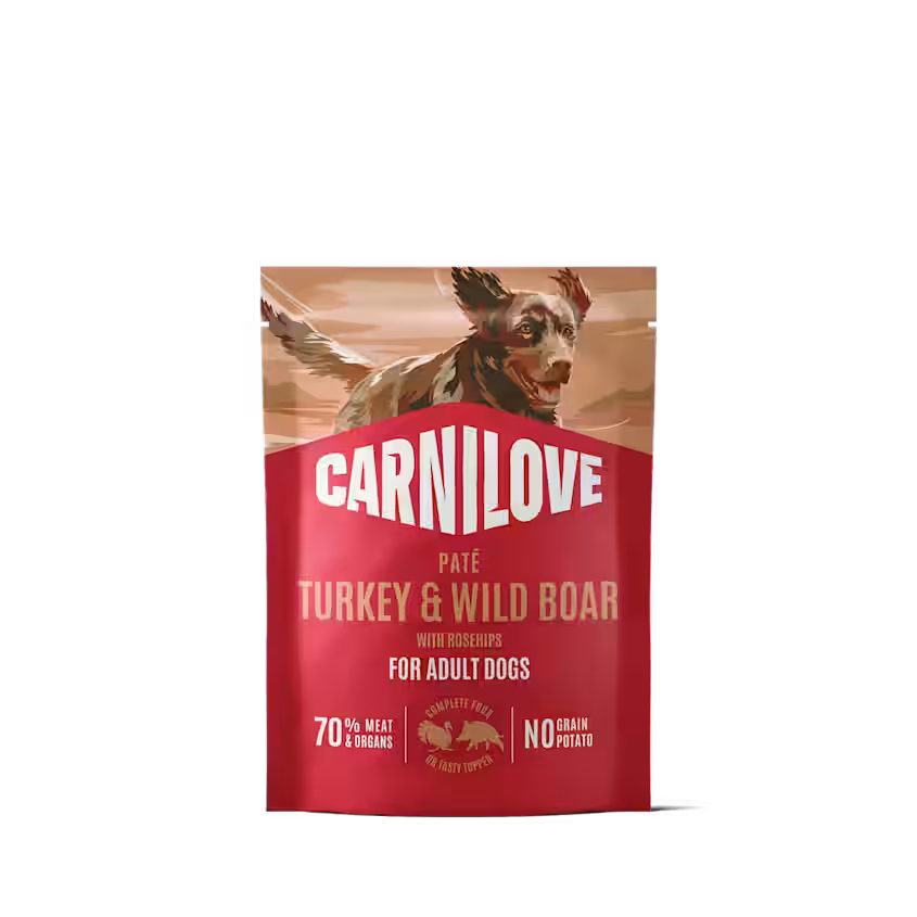 Vådfoder POUCH Paté, Kornfri & Glutenfri med kalkun, vildsvin & hybentil hunde fra Carnilove
