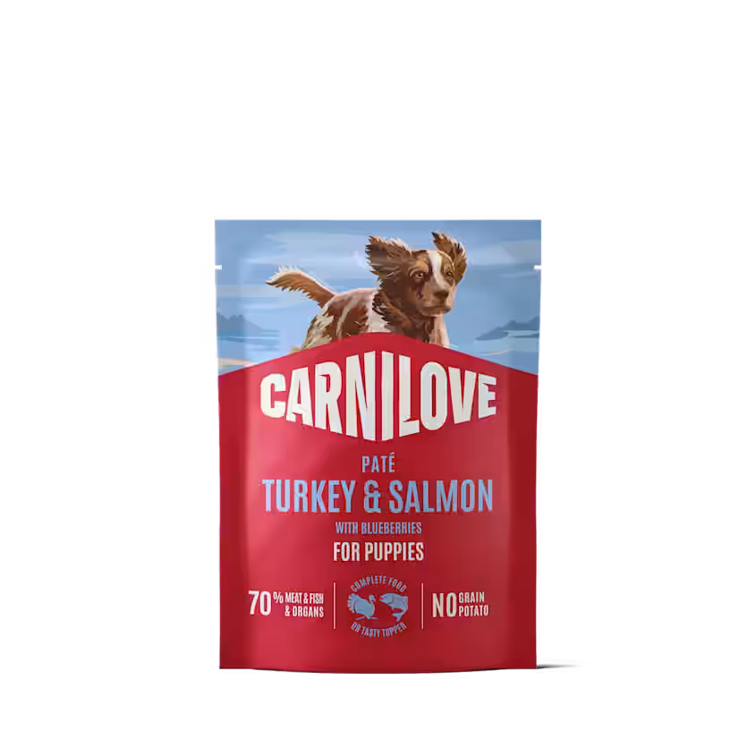 Vådfoder POUCH Paté, Kornfri & Glutenfri med kalkun, laks & blåbær til HVALPE fra Carnilove
