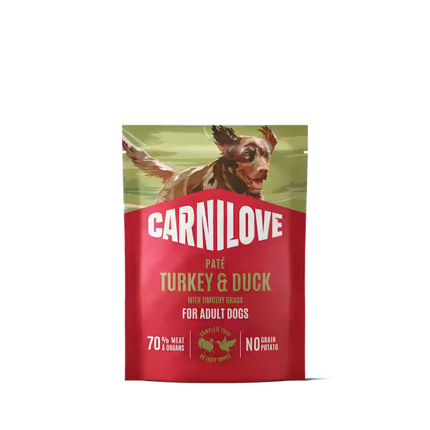 Vådfoder POUCH Paté, Kornfri & Glutenfri med kalkun, And & gulerod til hunde fra Carnilove