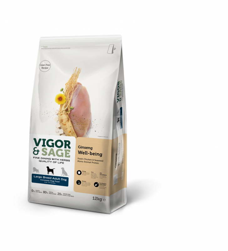 Vigor & Sage Ginseng Well-Being Large Breed Adult Dog – kornfrit hundefoder til store hunde