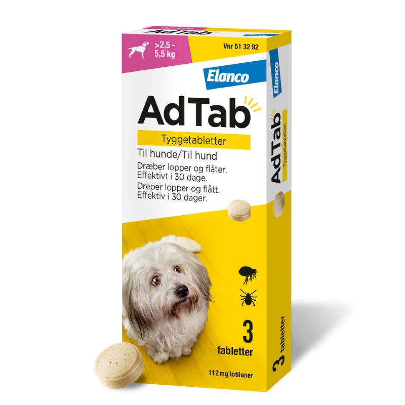 AdTab pille mod lopper, flåter og lus på hunde 2,5-5,5 kg 3-pak