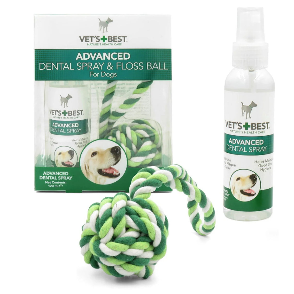 Tandpleje Spray Vet´s Best, til hunde med reb-bold