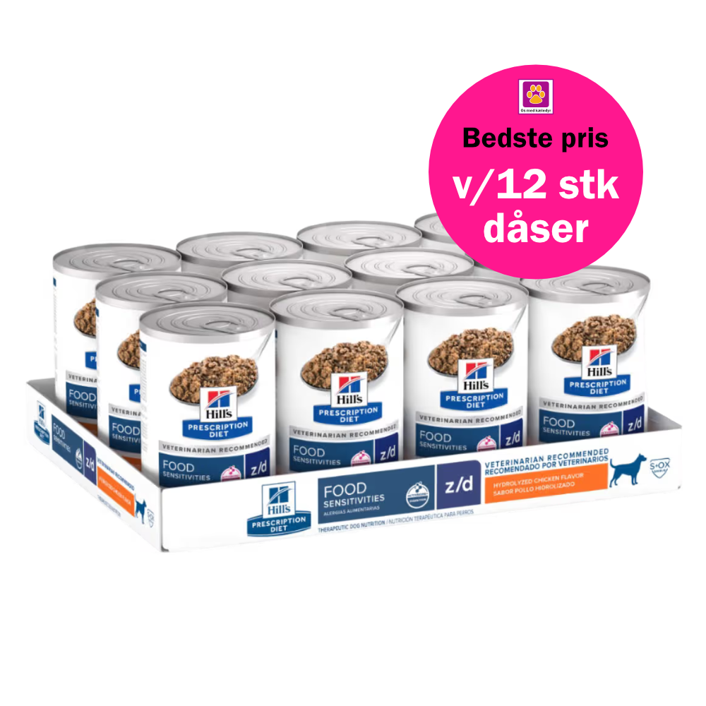 Hill's PRESCRIPTION DIET z/d Food Sensitivities vådfoder til hunde 370g dåser køb 12 stk og spar
