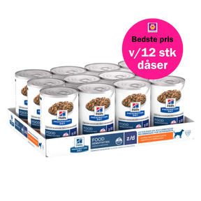 Hill's PRESCRIPTION DIET z/d Food Sensitivities vådfoder til hunde 370g dåser køb 12 stk og spar

