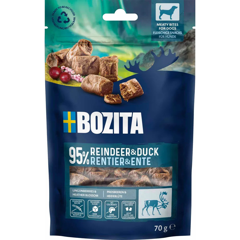 Godbidder af kød, kornfri med Rensdyr & And, fra Bozita Sverige