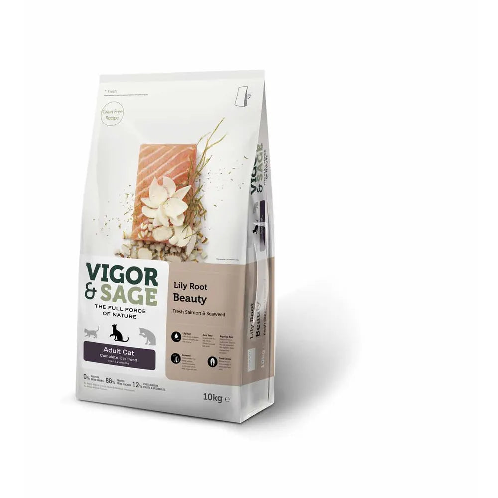 Vigor & Sage Lily Root Beauty Adult Cat – kornfrit kattefoder til sund hud og pels