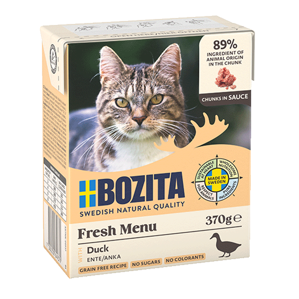 Bozita Chunks in Sauce med And – Kornfrit vådfoder med høj kødandel