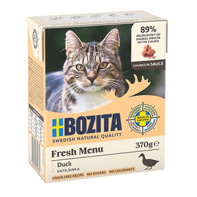 Bozita Chunks in Sauce med And – Kornfrit vådfoder med høj kødandel