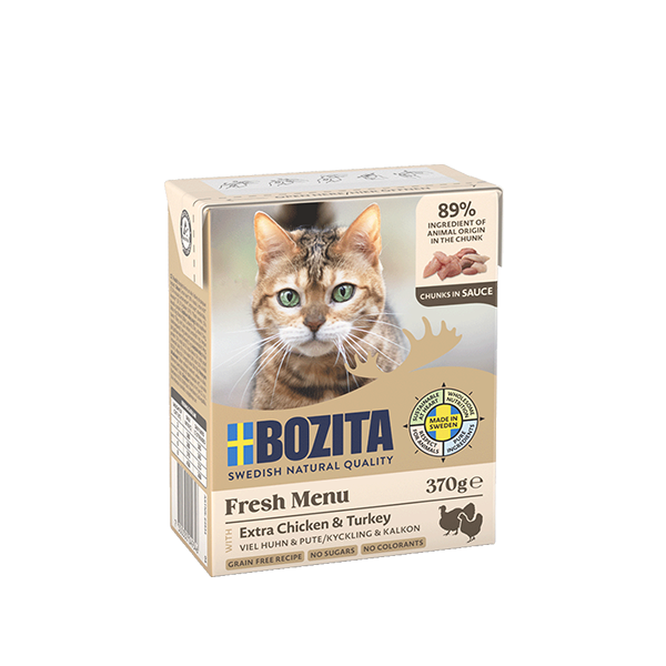 Bozita Chunks in Sauce med Kylling & Kalkun – Kornfrit vådfoder med høj kødandel
