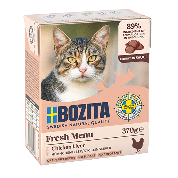 Bozita Chunks in Sauce med Kyllingelever – Kornfrit vådfoder med høj kødandel