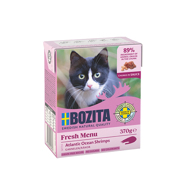 Bozita Chunks in Sauce med Rejer – Kornfrit vådfoder med høj kødandel