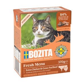 Bozita Sterilised med Ekstra Kylling & Græsfodret Oksekød i Gelé – Kornfrit vådfoder til steriliserede katte