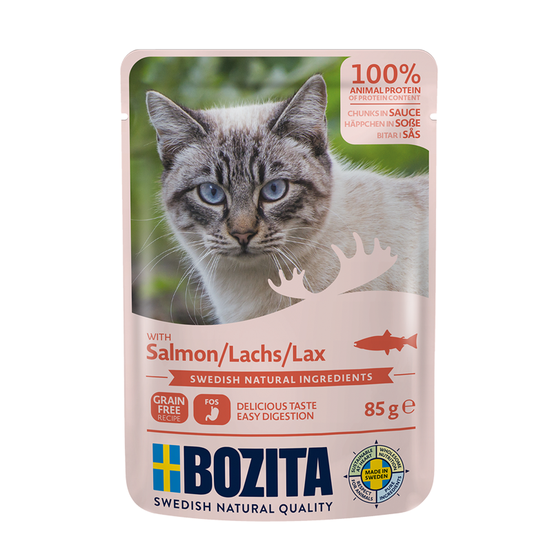 Bozita med Laks 12 x 85g – Kornfri Vådfoder i Portionsposer til Kat