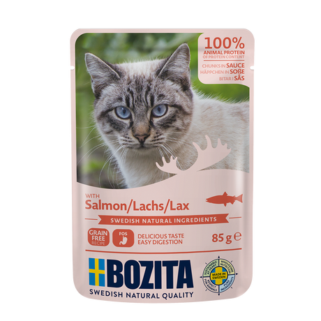 Bozita med Laks 12 x 85g – Kornfri Vådfoder i Portionsposer til Kat