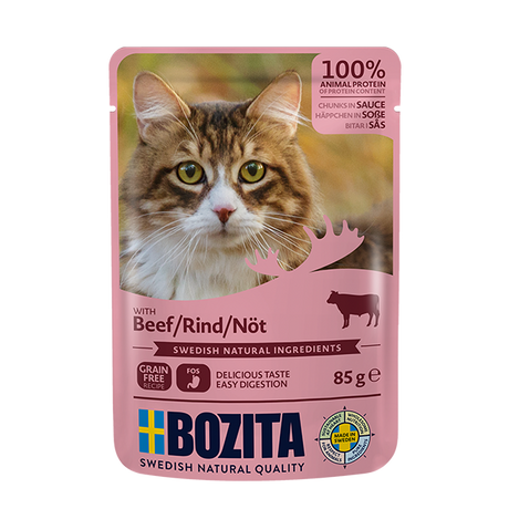 Bozita med Oksekød 12 x 85g – Kornfri Vådfoder i Portionsposer til Kat