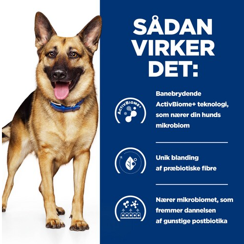 Sadan vikker det for German Shepherds med fordøjelsesproblemer med Hills Prescription Diet - Gastrointestinal Biome til hunde, Stew med kylling og grøntsager.