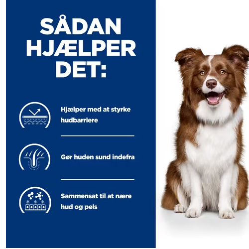 Sadan huleper det til hunde med miljøfølsomhed ved at give Hills Prescription Diet Derm Defense Environmental Sensitivities tørfoder til hunde med kylling, et tørfoder til hunde, der er formuleret med kylling.