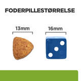 Et billede af en terning og et stykke papir, der viser Hill's PRESCRIPTION DIET Metabolic + Mobility Weight Management j/d tørfoder til hunde med kyllingaw og ledsundhed.