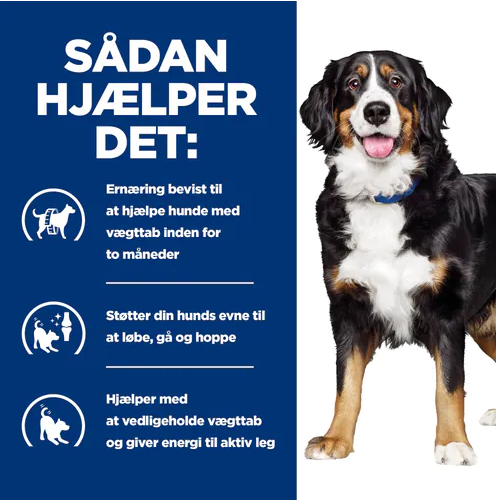 Sadans huelpfet - vægttab med Hill's PRESCRIPTION DIET Metabolic + Mobility Weight Management j/d tørfoder til hunde med kylling fra Hills Prescription Diet.