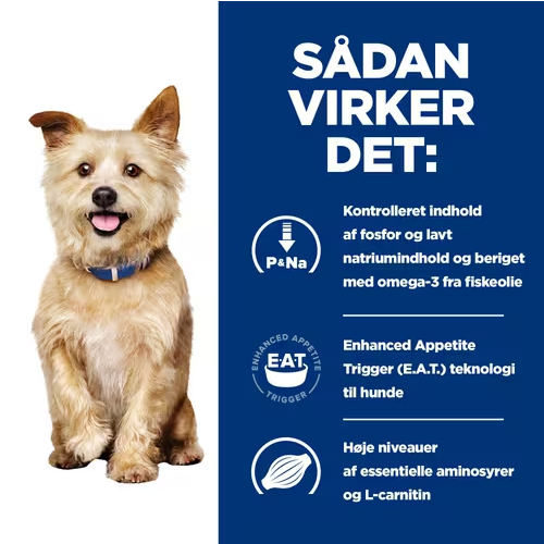 Sadan vikker det til hunde med nyreproblemer ved hjælp af Hill's PRESCRIPTION DIET k/d Kidney Care tørfoder til hunde med kylling fra mærket Hills Prescription Diet.