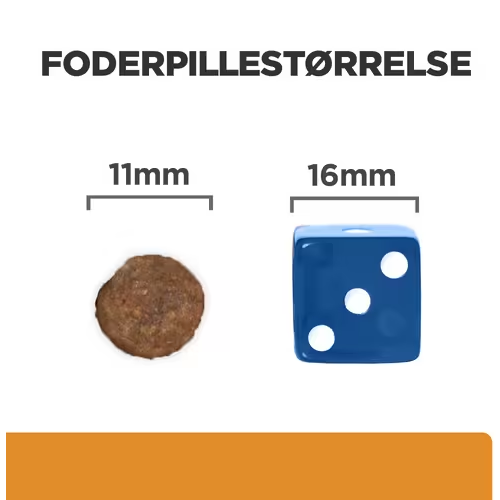 Et billede af en terning og en lineal ved siden af, der illustrerer Hills Prescription Diet k/d + Mobility tørfoder til hunde med kylling (sunde nyrer og led hos hunde).