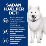 En hvid hund med ordene 'sadan hleper det' skrevet på, der promoverer Hill's PRESCRIPTION DIET k/d + Mobility Stew hundefoder med kylling & tilsatte grøntsager 354g dåser for nyre- og ledsundhed og mobilitet. (Mærkenavn: Hills Prescription Diet)