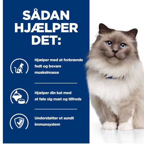 A cat eating Hill's PRESCRIPTION DIET r/d Weight Reduction vådfoder til katte med kylling 24x156g dåse med blå baggrund og hvid tekst.