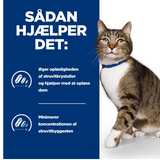 En kat med urinbehandling har brug for at sidde mod en blå baggrund, med ordene "Hill's PRESCRIPTION DIET s/d Urinary Care tørfoder til katte med kylling häller det.