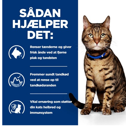 En kat med blåt halsbånd står foran en plakat, hvor der står sadan hller det. Denne yndige kat viser sin upåklagelige tandpleje, mens den promoverer fordelene ved Hill's PRESCRIPTION DIET t/d Dental Care tørfoder til katte med kylling.