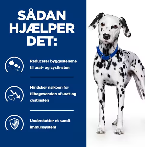 En dalmatisk hund med ordene Hill's PRESCRIPTION DIET u/d vådfoder til hunde 370g dåse og Hills Prescription Diet.