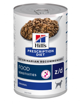 Hills Prescription Diet z/d Food Sensitivities vådfoder til hunde 370g dåser, et specialiseret hundefoder til foderfølsomme.
