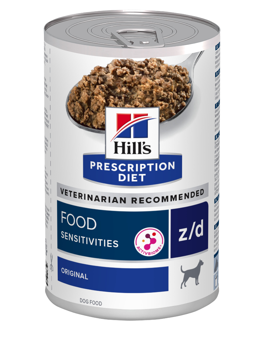Hills Prescription Diet z/d Food Sensitivities vådfoder til hunde 370g dåser, et specialiseret hundefoder til foderfølsomme.