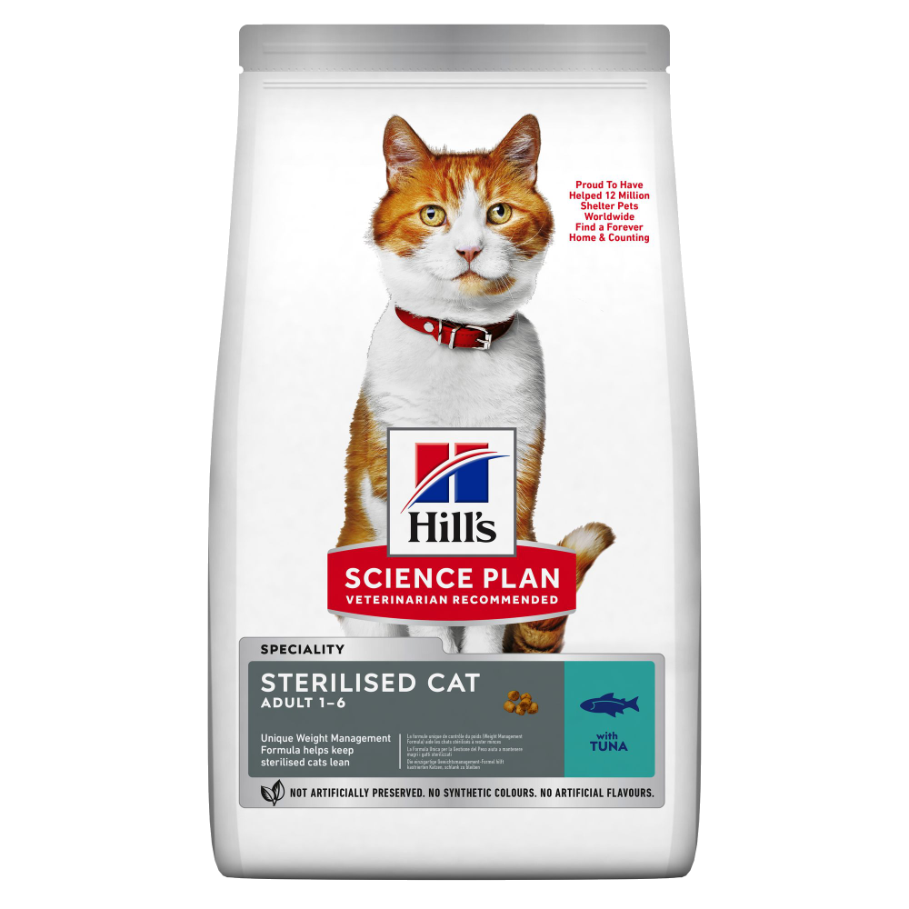 Hills Sterilised kattemad til katte fra 6 mdr til 6 år fås med Kylling, Tun eller And
