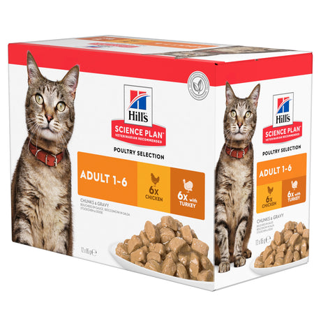 Hills Science Plan tilbyder et premium udvalg af Hills vådfoder til voksne katte i sovs med fjerkræ - Multipack 12x85g til voksne katte.