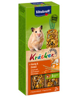 En kasse Kräcker, tandslibende stænger til hamster fra Vitakraft med en hamster på.