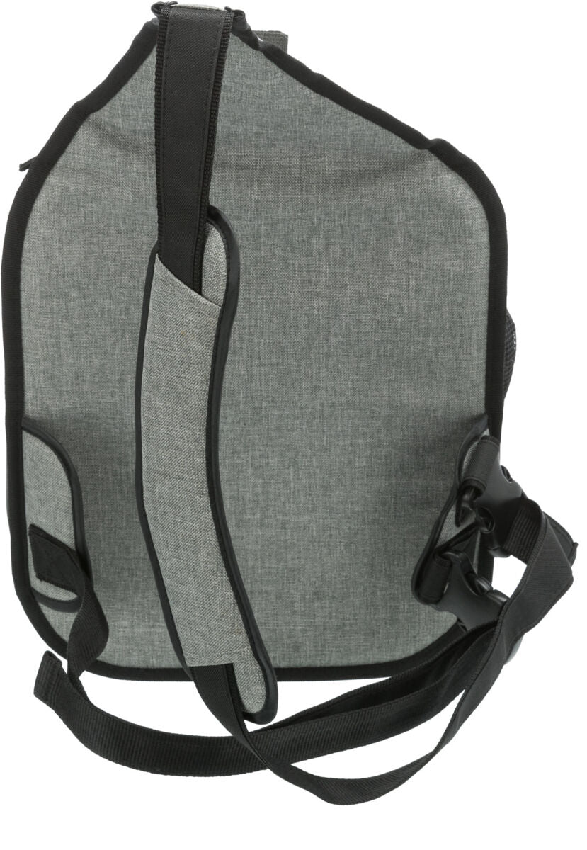 En grå og sort Trixie rygsæk med stropper og en Hundetaske / Fronttaske - så har du hunden lige ved hjertet, lavet af materialer af høj kvalitet.