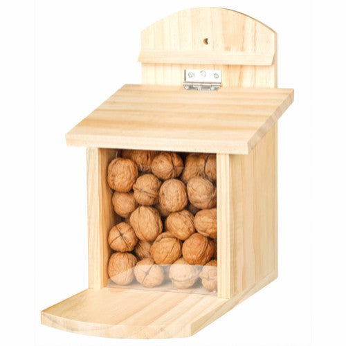 En Egern Restaurant i egetræ fuglefoderautomat i træ fyldt med valnødder, Kvalitet i haven.