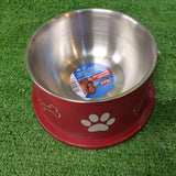 En rød skål med poteprint på, perfekt til Trixie Hundeskål til Spaniels i rustfri stål 900ml.