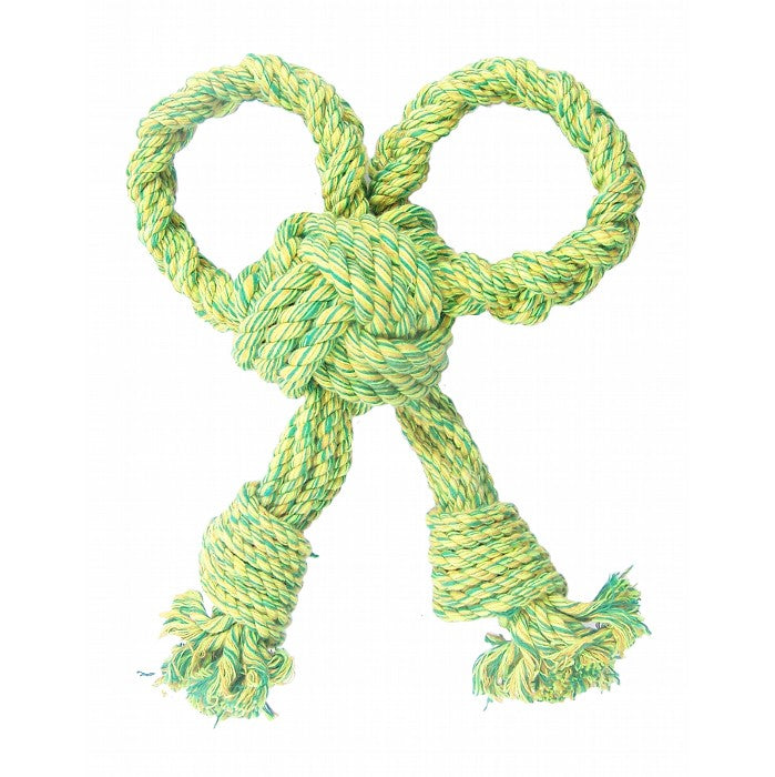 Et grønt og gult Reblegetøj til hunde legetøj med en Sløjfe med knuder i midten, velegnet til hunde, Kw mærke.
