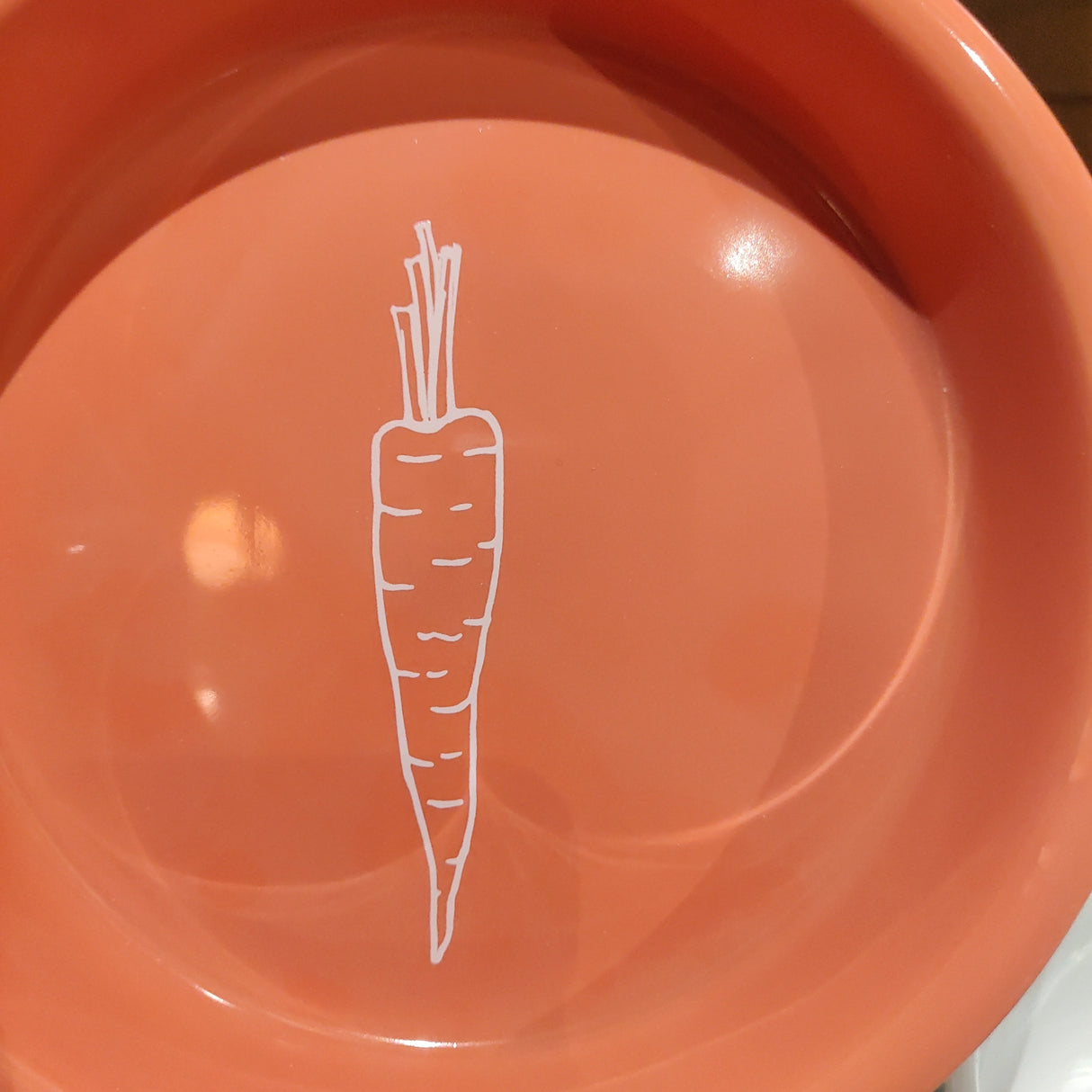 En Trixie pink keramik skål med en Keramikskål med gulerod motiv tegnet på.