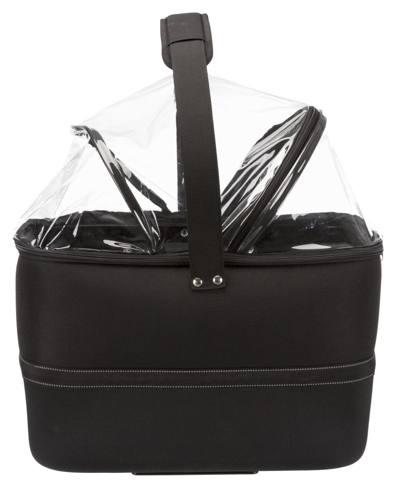 En sort Trixie kurv med et klart låg på, velegnet til transport af hunde på et cykelstyr.